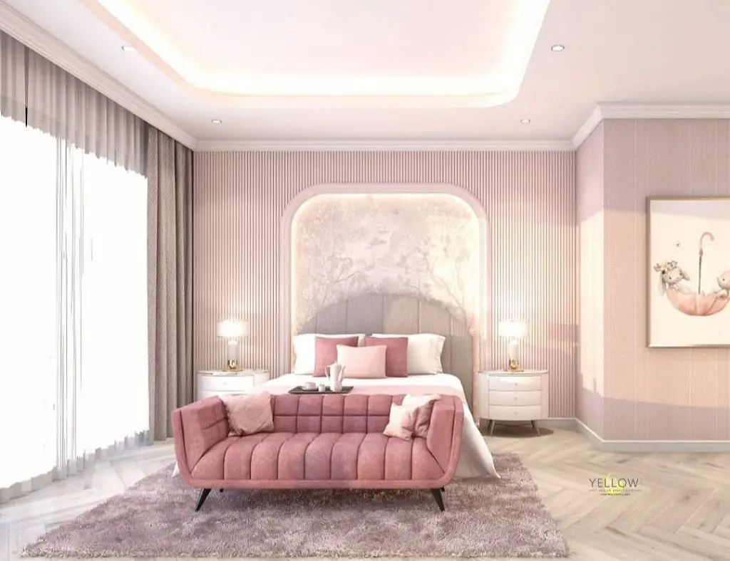 Twin bedroom with illuminated bunny headboards and pink decor
