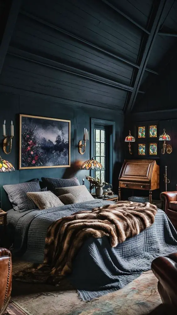 Dark bedroom with stained glass lamps and nature inspired art