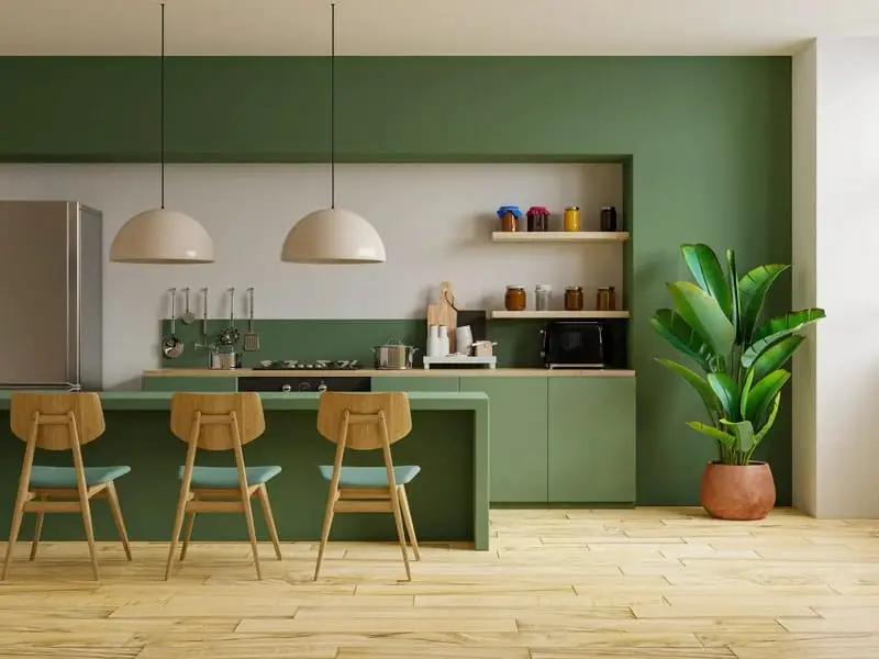 Eco-friendly green kitchen with natural elements