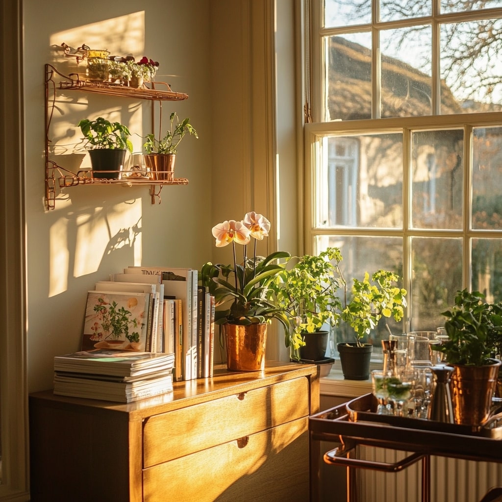 Sunlit corner with copper shelves plants and wooden furniture