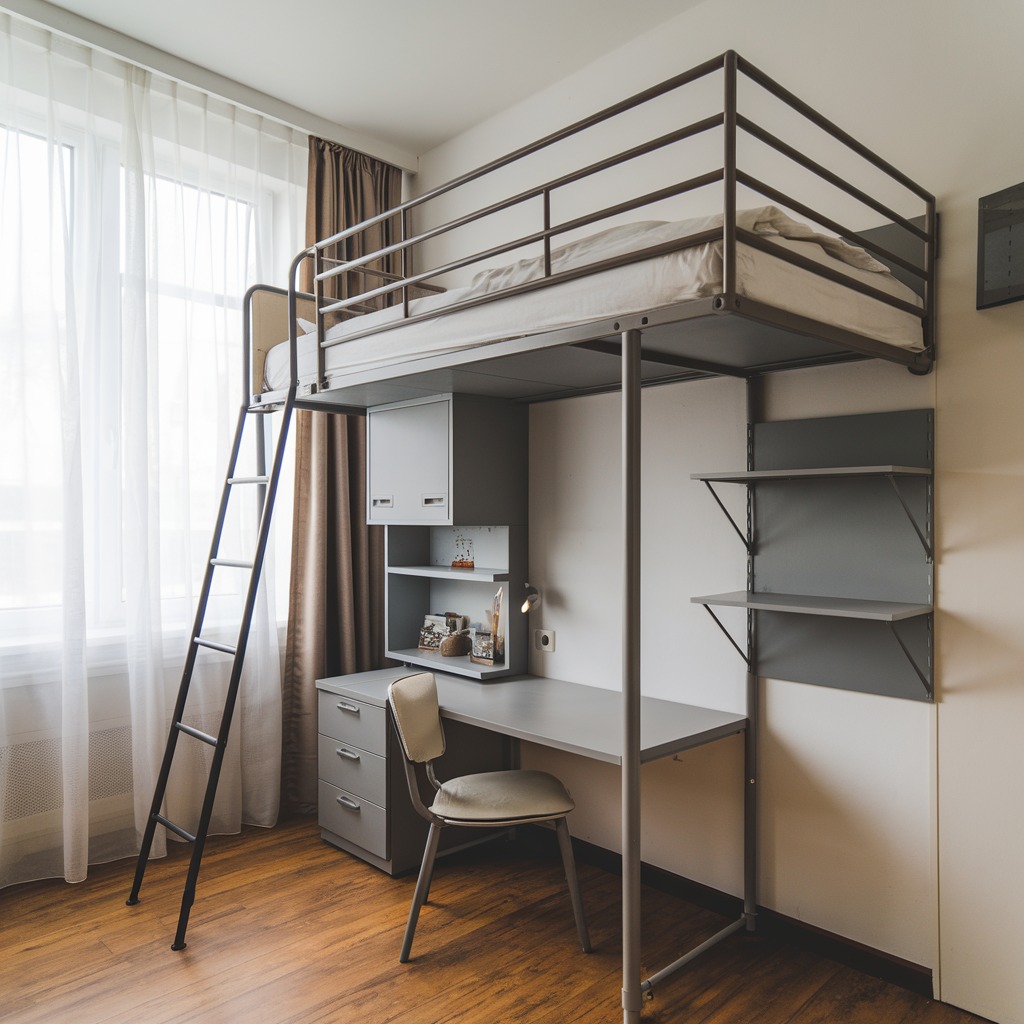 Metal loft bed with built in desk drawers and ladder in minimalist room