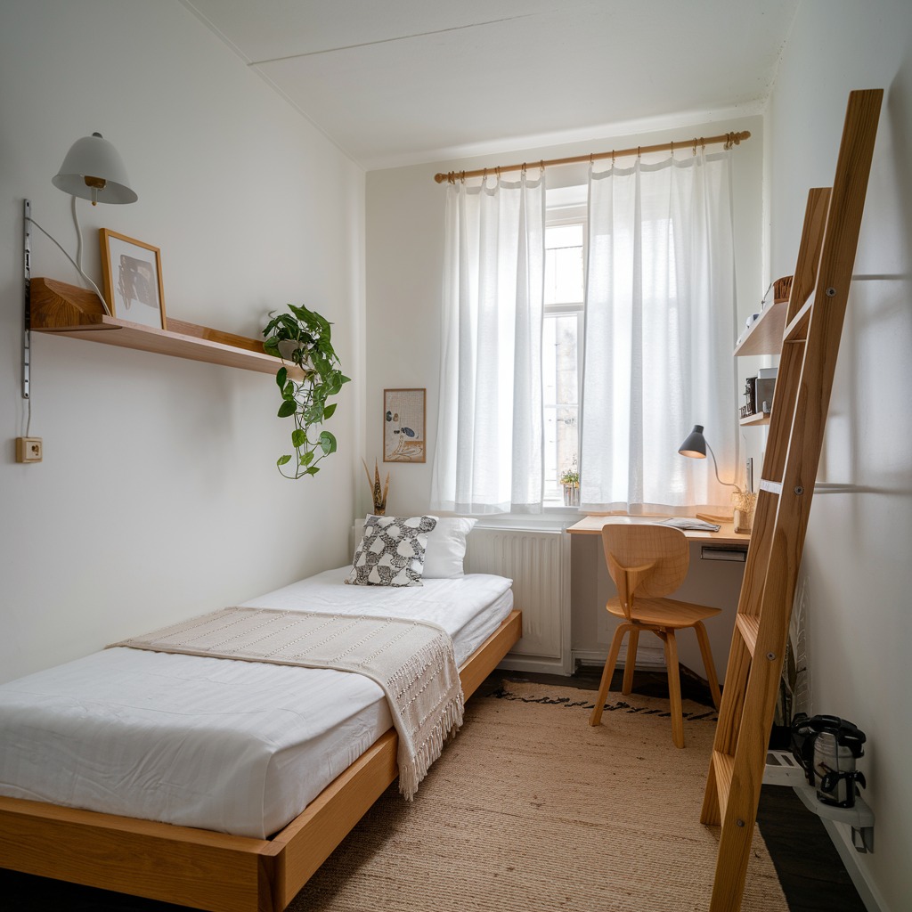 Small bedroom with wooden bed desk and ladder shelf in minimalist style
