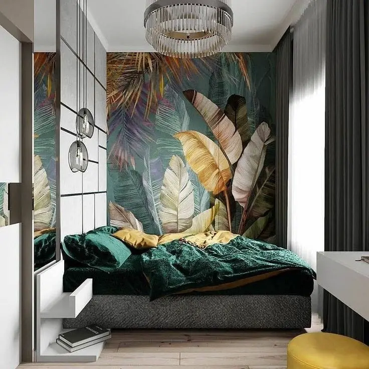 Modern bedroom with tropical wallpaper emerald bedding and glass pendant lights