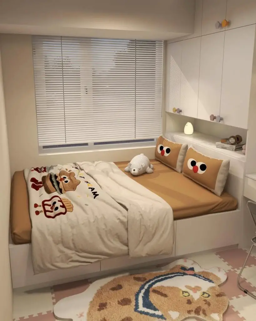 Small bedroom with character themed bedding built in storage and bear rug