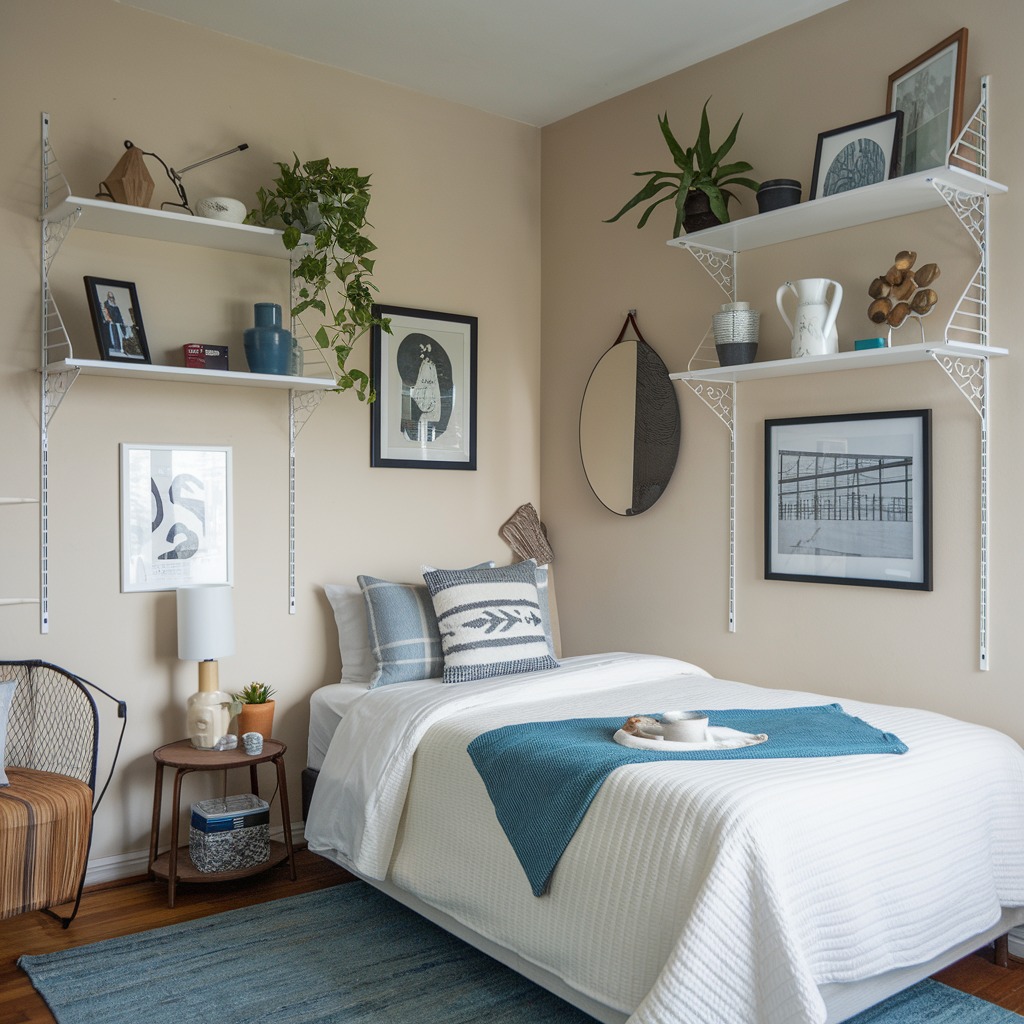 Modern bedroom with white floating shelves artwork collection and blue accents