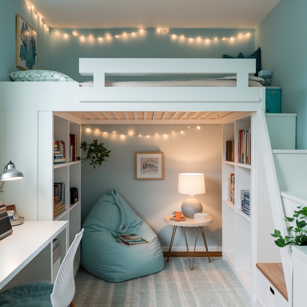 White loft bed with reading nook desk and built in storage underneath