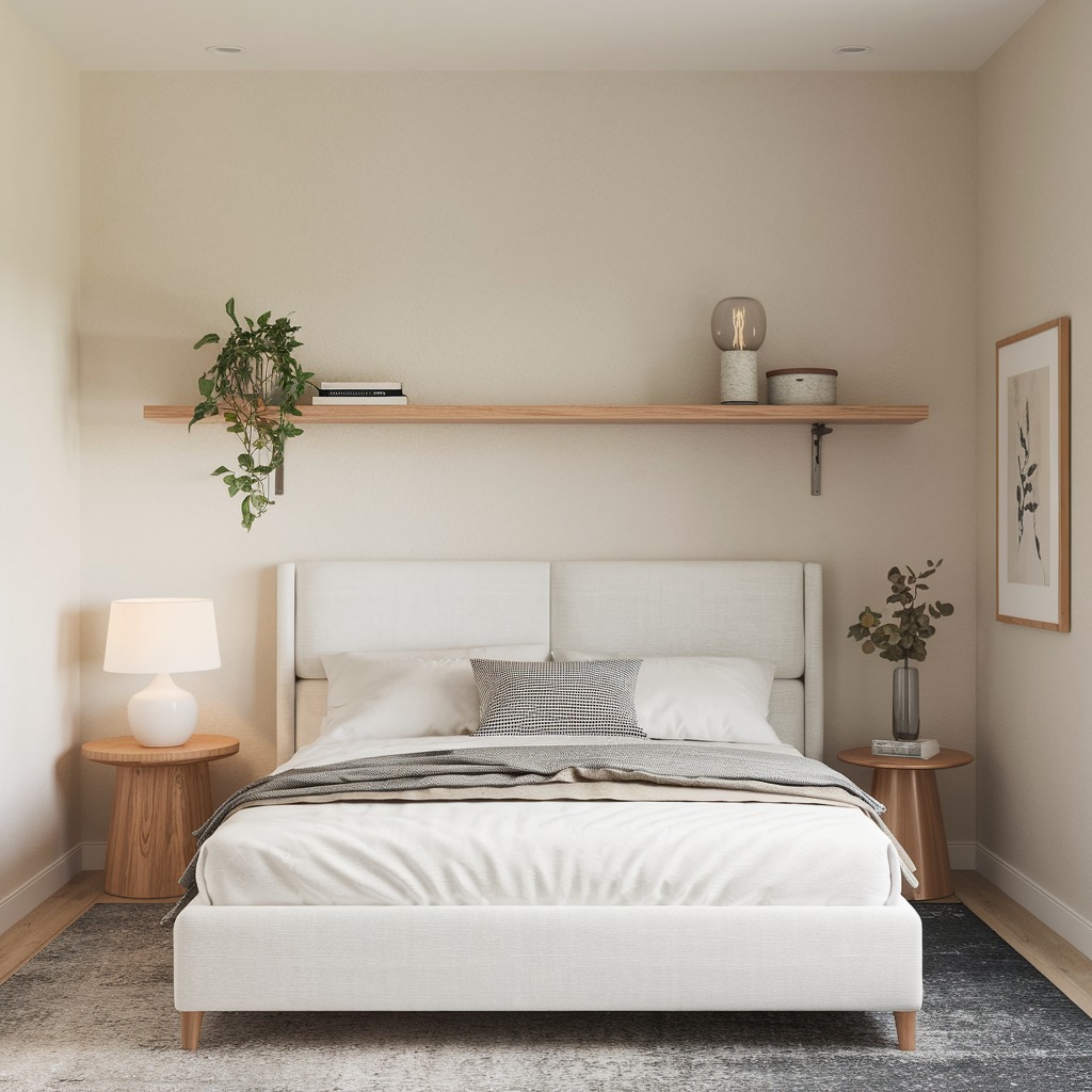 Modern minimalist bedroom with white bed frame wooden nightstands and floating shelf