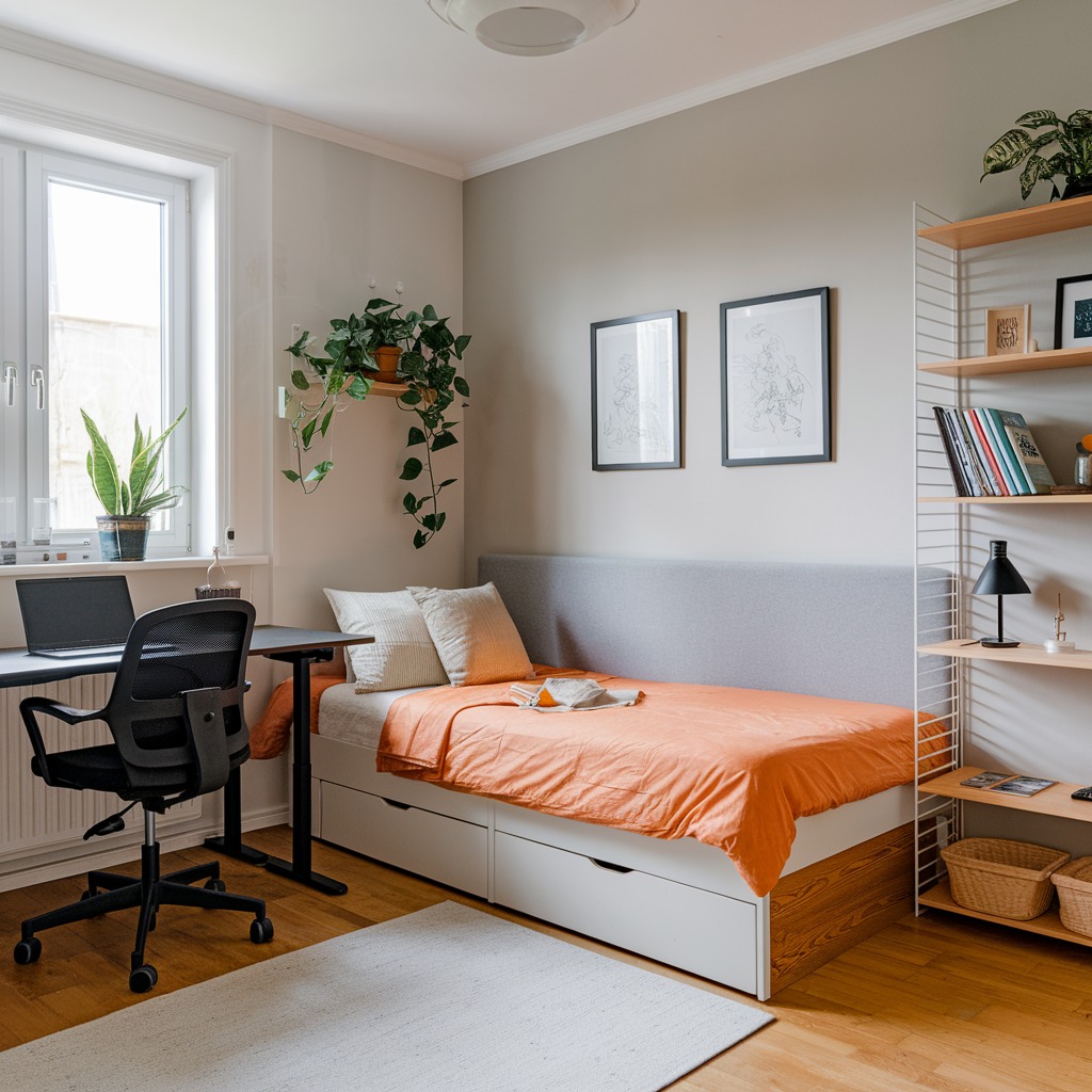 Small bedroom with desk workspace daybed and wall mounted shelving unit