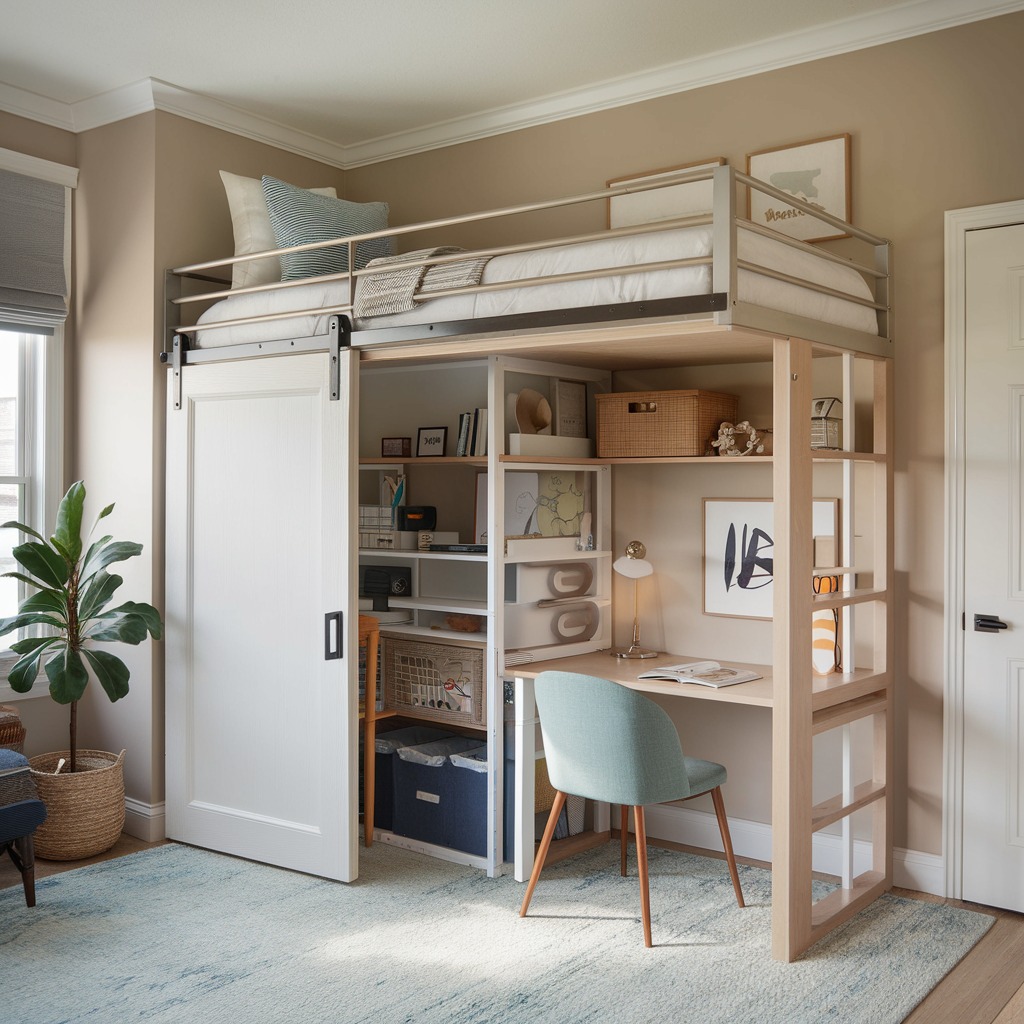White loft bed with built in desk storage and sliding barn door