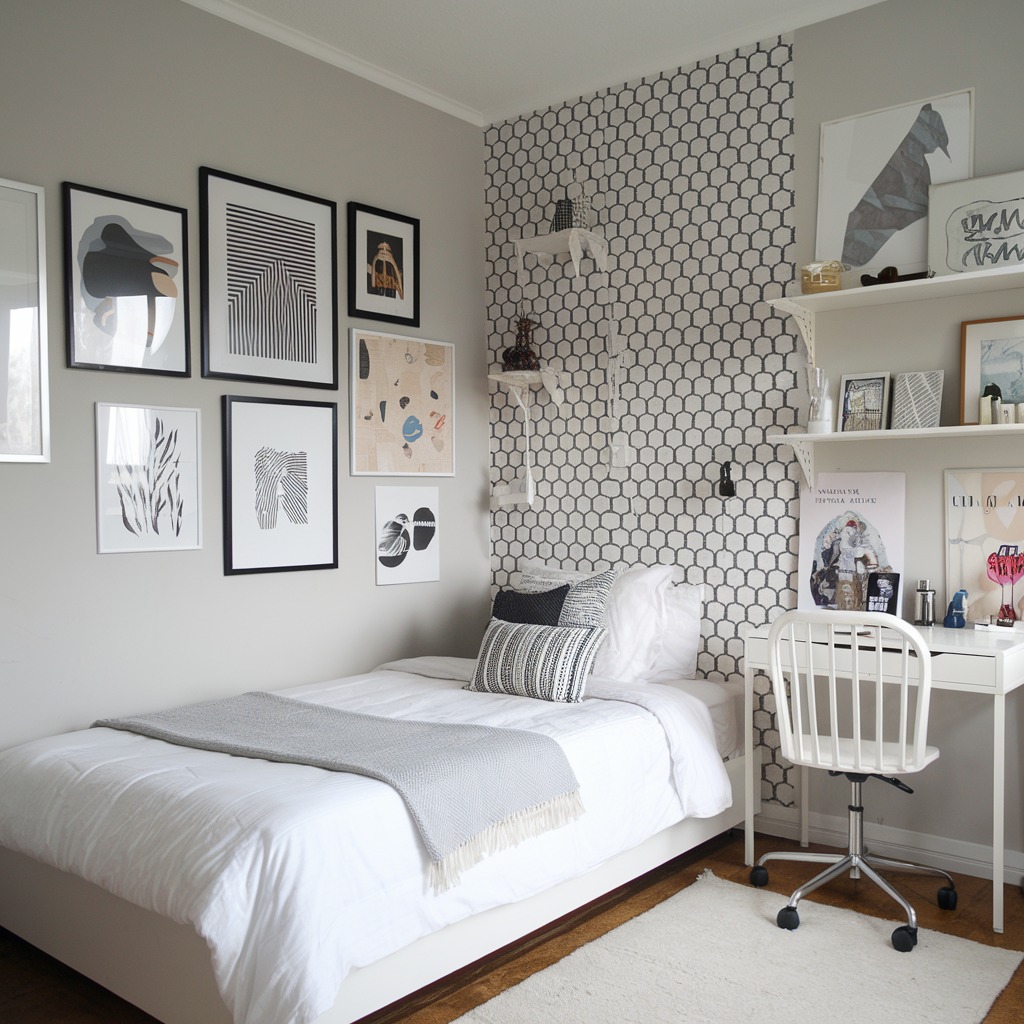 Modern bedroom with geometric wallpaper black and white gallery wall and desk