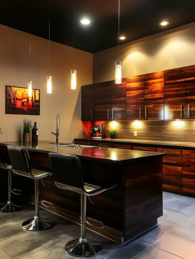 White quartz waterfall peninsula with black leather barstools