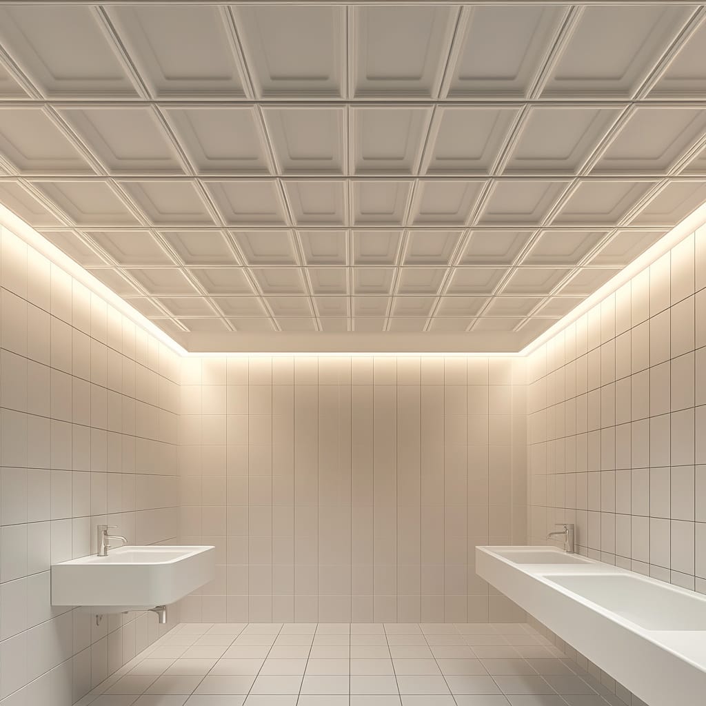 White grid ceiling panels with ambient lighting overhead