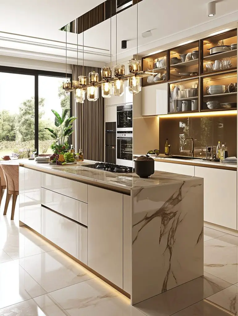 Custom peninsula storage with ivory quartz and glass-front cabinets