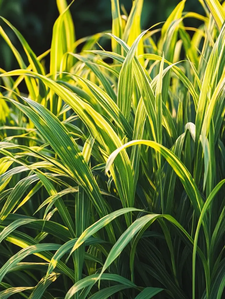 Variegated ornamental grass with yellow-green striped leaves