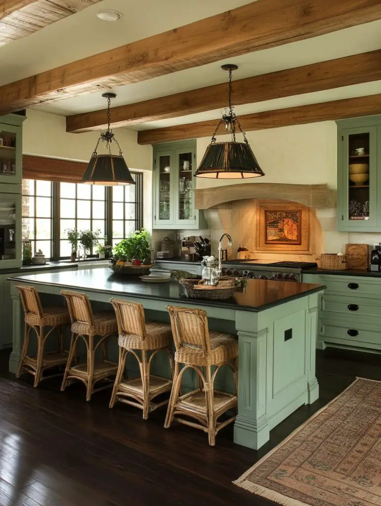 Black granite L-shaped peninsula with sage green cabinetry