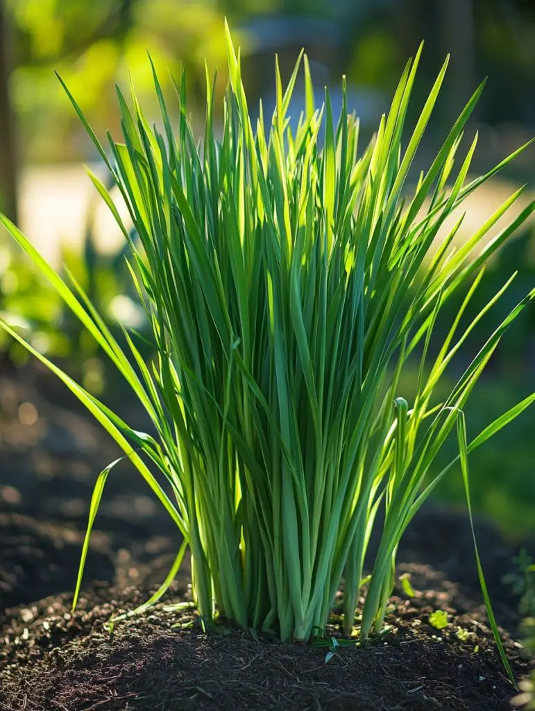 Fresh chives growing tall in garden soil