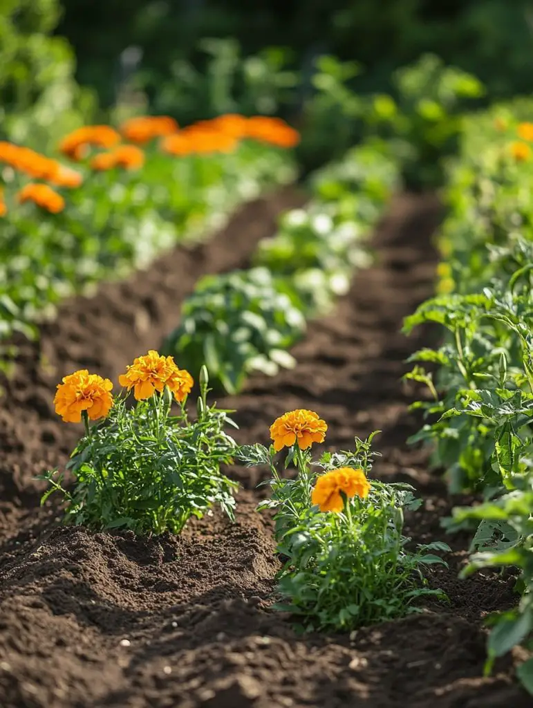 Marigolds growing in rows of fresh soil