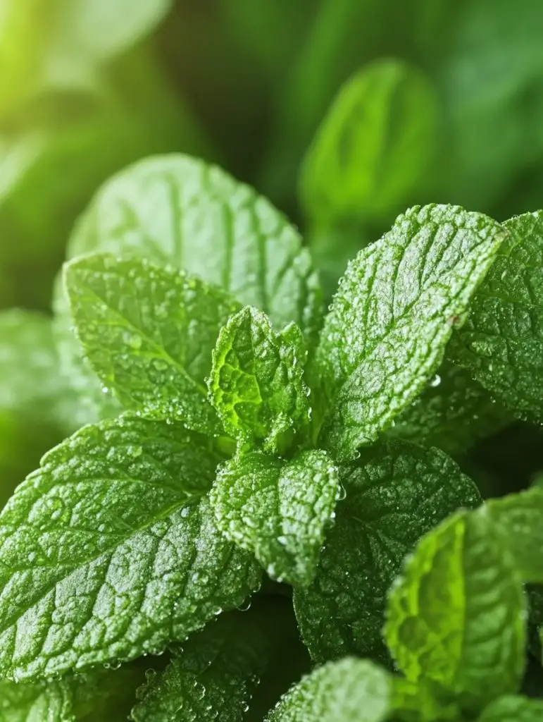 Dewy mint leaves in macro photography
