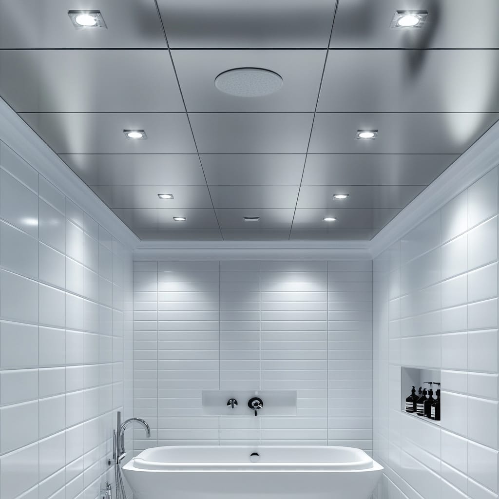 Glossy white PVC ceiling panels with recessed lights