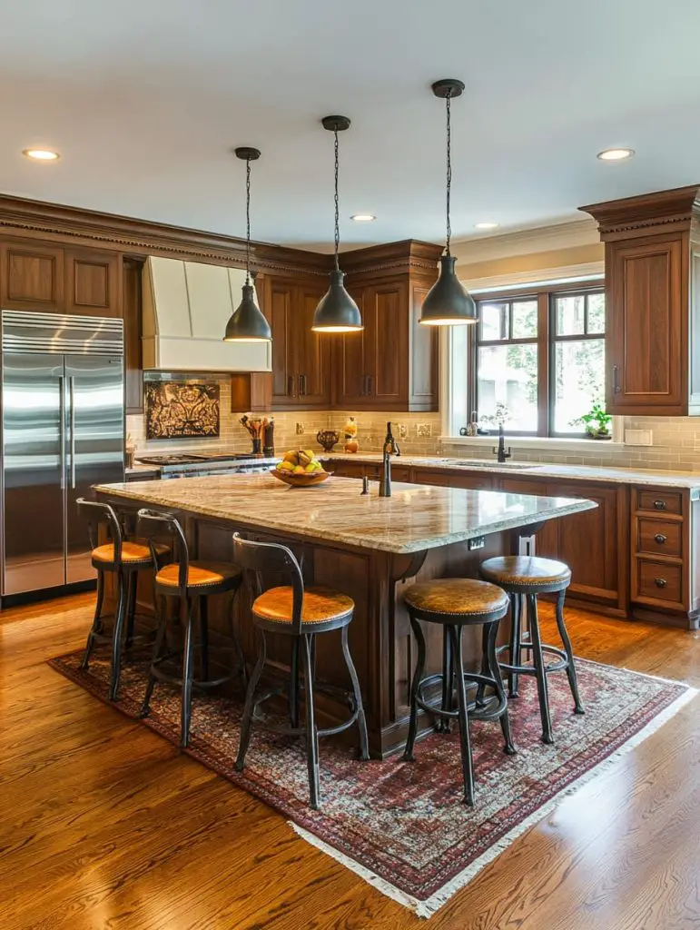 Modern straight kitchen peninsula with walnut cabinets and granite waterfall