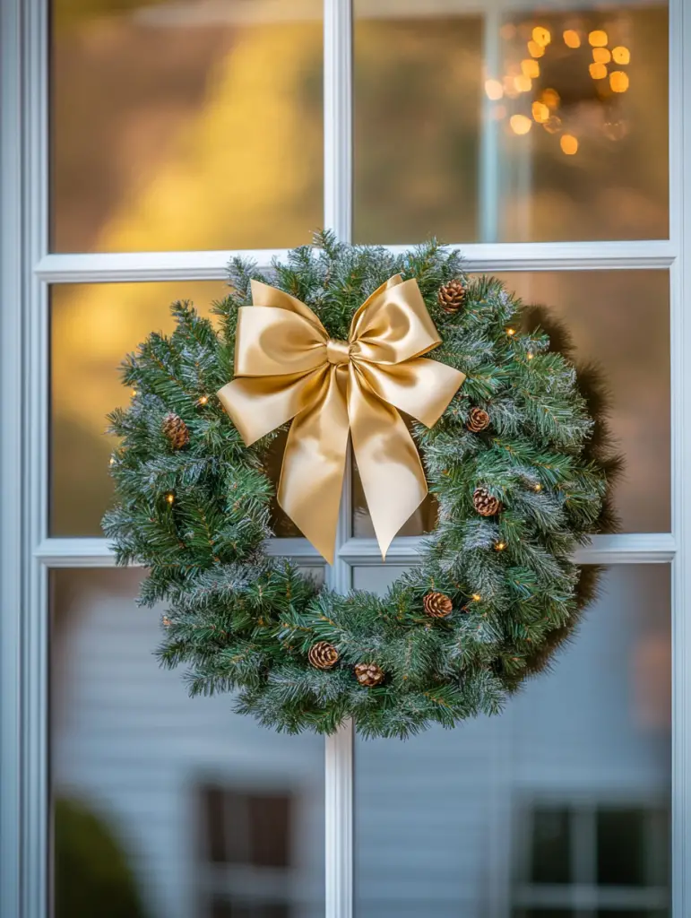 Holiday wreath hanging from fishing line on outdoor window