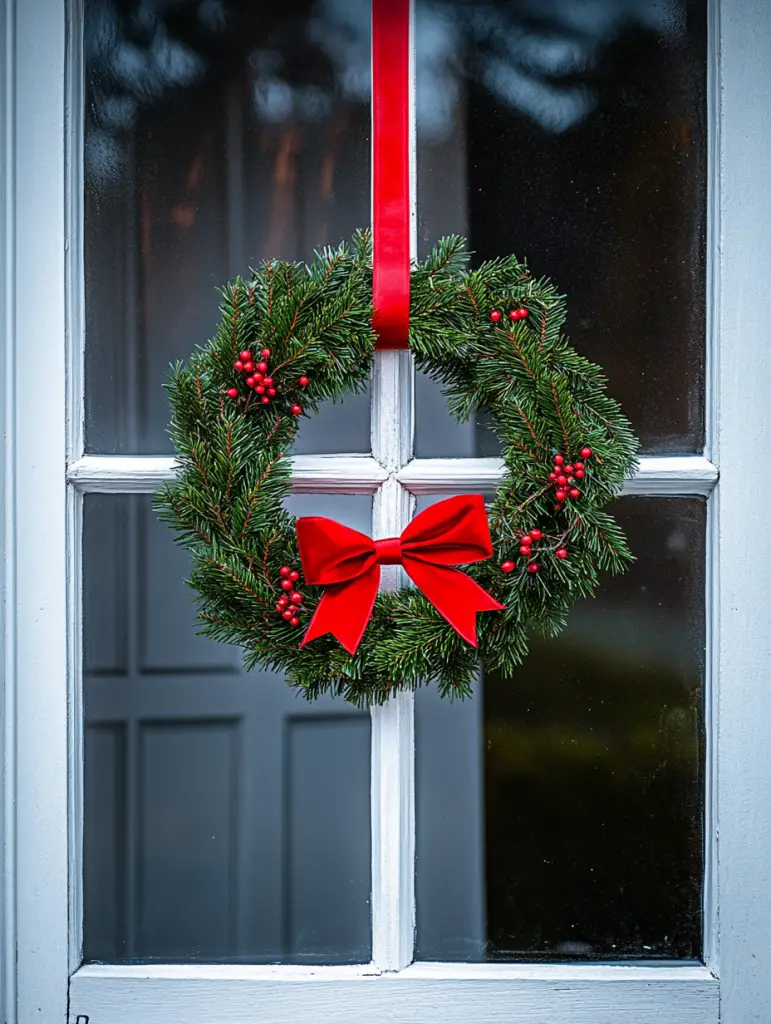 Evergreen wreath with red ribbon on white window frame