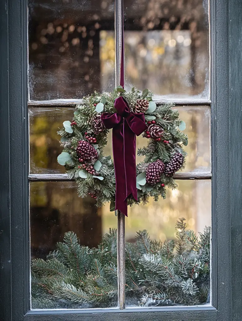 Pine wreath with gold bow on double-hung windows"

