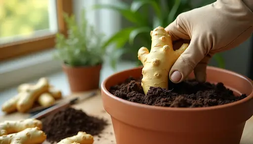 Hand planting ginger root in terracotta pot