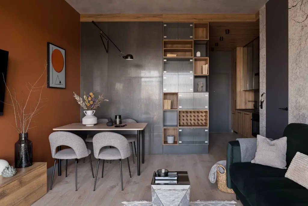 Modern apartment with terracotta wall and built-in storage.