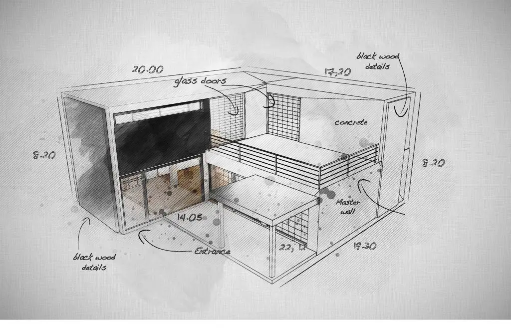 Architectural sketch showing dimensions of modern two-story house.